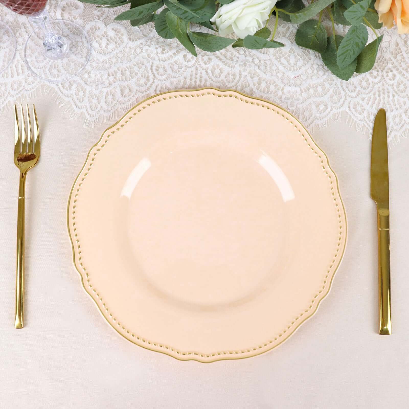 10-Pack Plastic 10" Dinner Plates in Nude with Gold Scalloped Rim - Disposable Large Party Plates