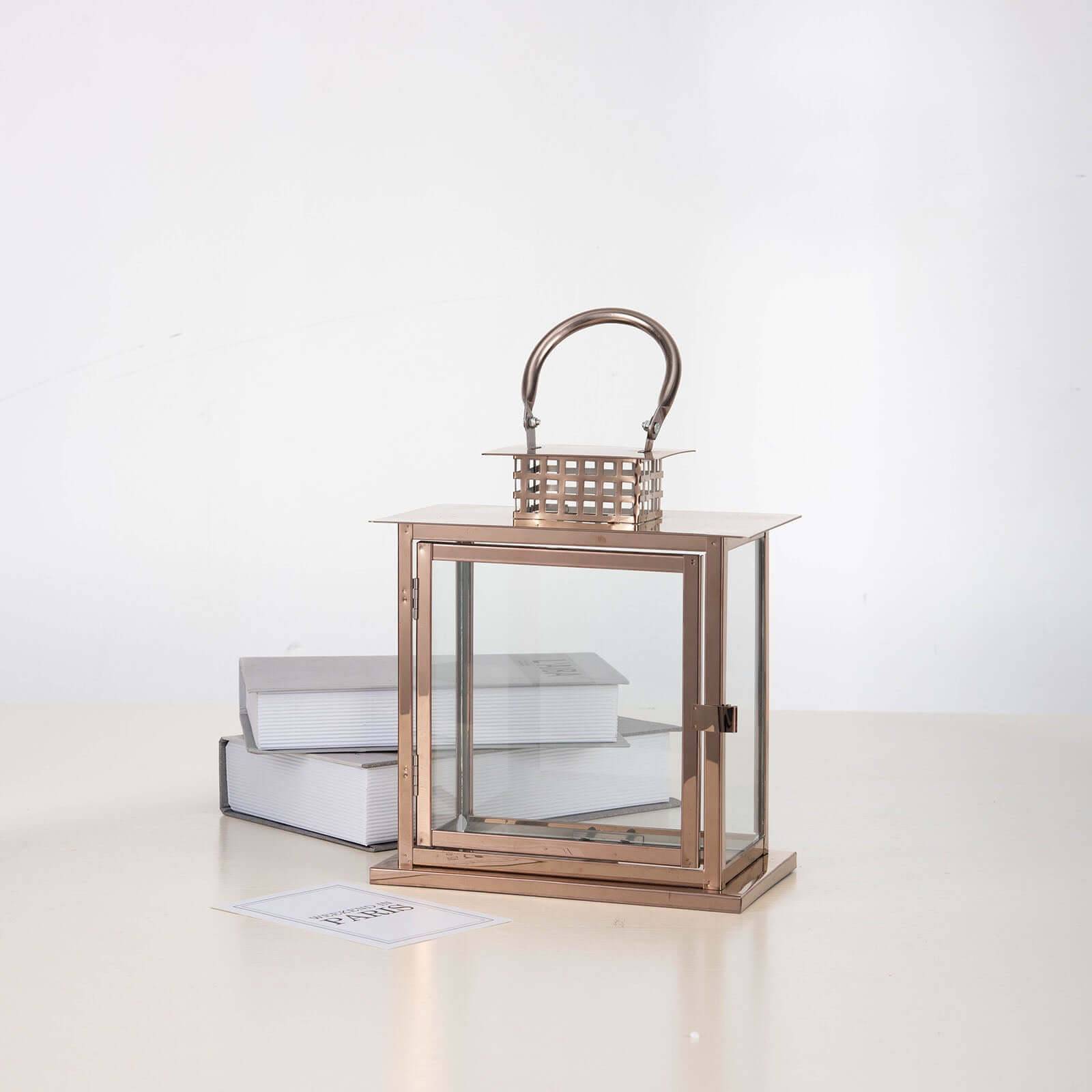 Stainless Steel Candle Lantern Cage Top Design Rose Gold - Outdoor Metal Patio Lantern Centerpiece 10"