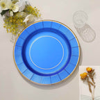 25-Pack Disposable Round Charger Plates in Royal Blue Sunray Design with Gold Rim - 350GSM Heavy Duty Paper Chargers 13"