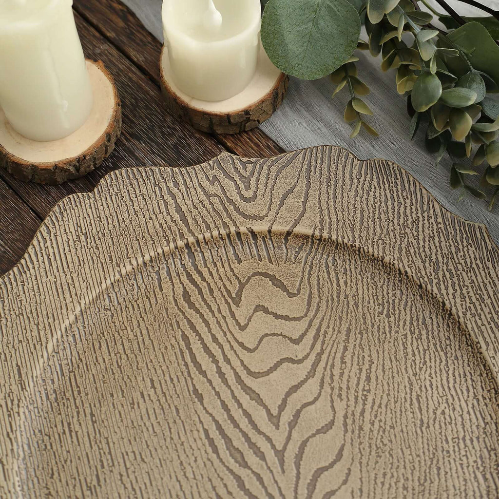 6-Pack Acrylic Round Charger Plates 13" in Rustic Natural with Wood Grain Scalloped Rim, Decorative Dinner Party Charger Tableware