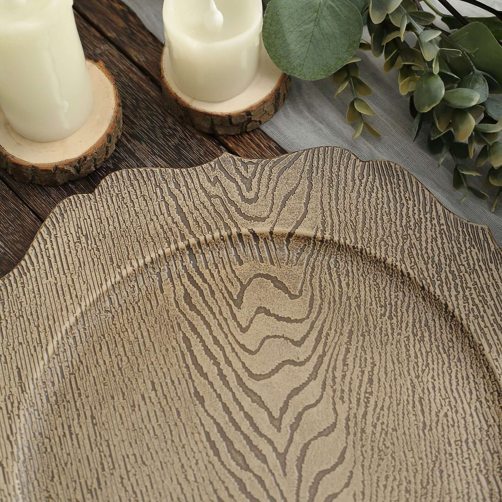 6-Pack Acrylic Round Charger Plates 13" in Rustic Natural with Wood Grain Scalloped Rim, Decorative Dinner Party Charger Tableware