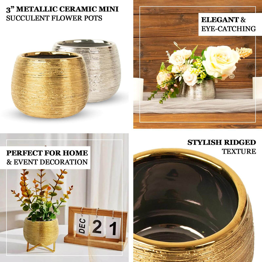 4-Pack Flower Vase Pots Textured Round Design Gold - Ceramic Brushed Indoor Planters 3"