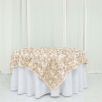 Satin 72"x72" Table Overlay Square Tablecloth Beige - 3D Rosette Table Cover