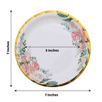 25-Pack Paper 7" Round Dessert Plates in White with Peony Floral Design & Gold Rim - Disposable Floral Salad Appetizer Plates for Brunches & Afternoon Teas