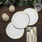 10-Pack Plastic 8" Round Dessert Plates in White with Hunter Emerald Green Rim - Stylish Gold Vine Design Disposable Salad/Appetizer Plates for Special Occasions & Celebrations