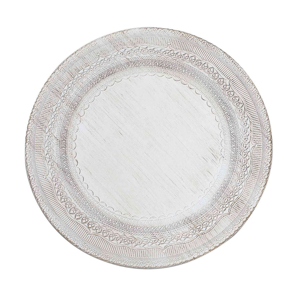 6-Pack Acrylic Round Charger Plates 13" in White with Lace Embossed Rim, Rustic Plastic Decorative Charger Tableware