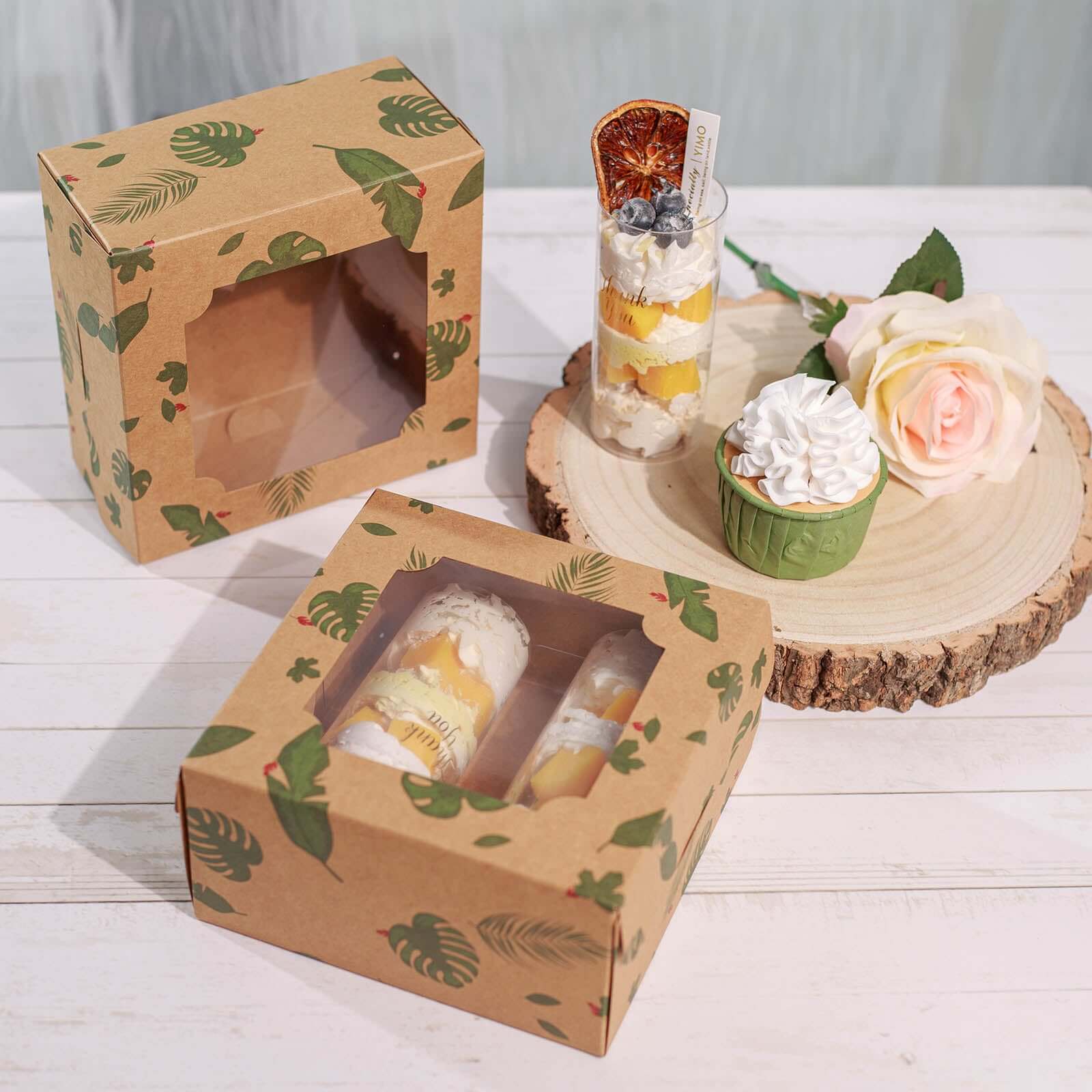 12-Pack Cardstock Cookie Boxes with Display Window - Tropical Leaf Design Disposable Treat Bakery Boxes for Donuts Cupcakes Strawberries & Pastries 6"x6"x3"