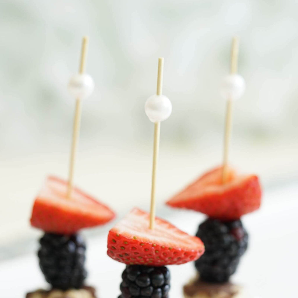 100-Pack Bamboo Cocktail Picks Natural Pearl Decorative Top Design - Eco Friendly Stir Sticks 5"