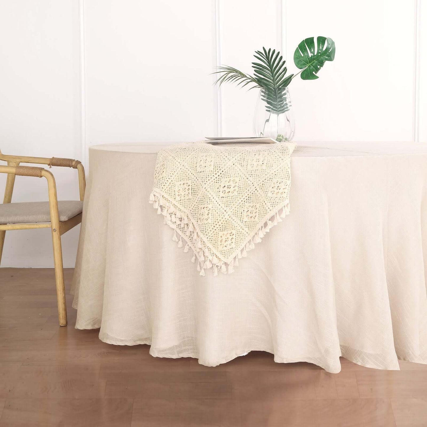 Faux Linen 120" Round Tablecloth Beige - Slubby Texture Wrinkle-Resistant Seamless Table Cover