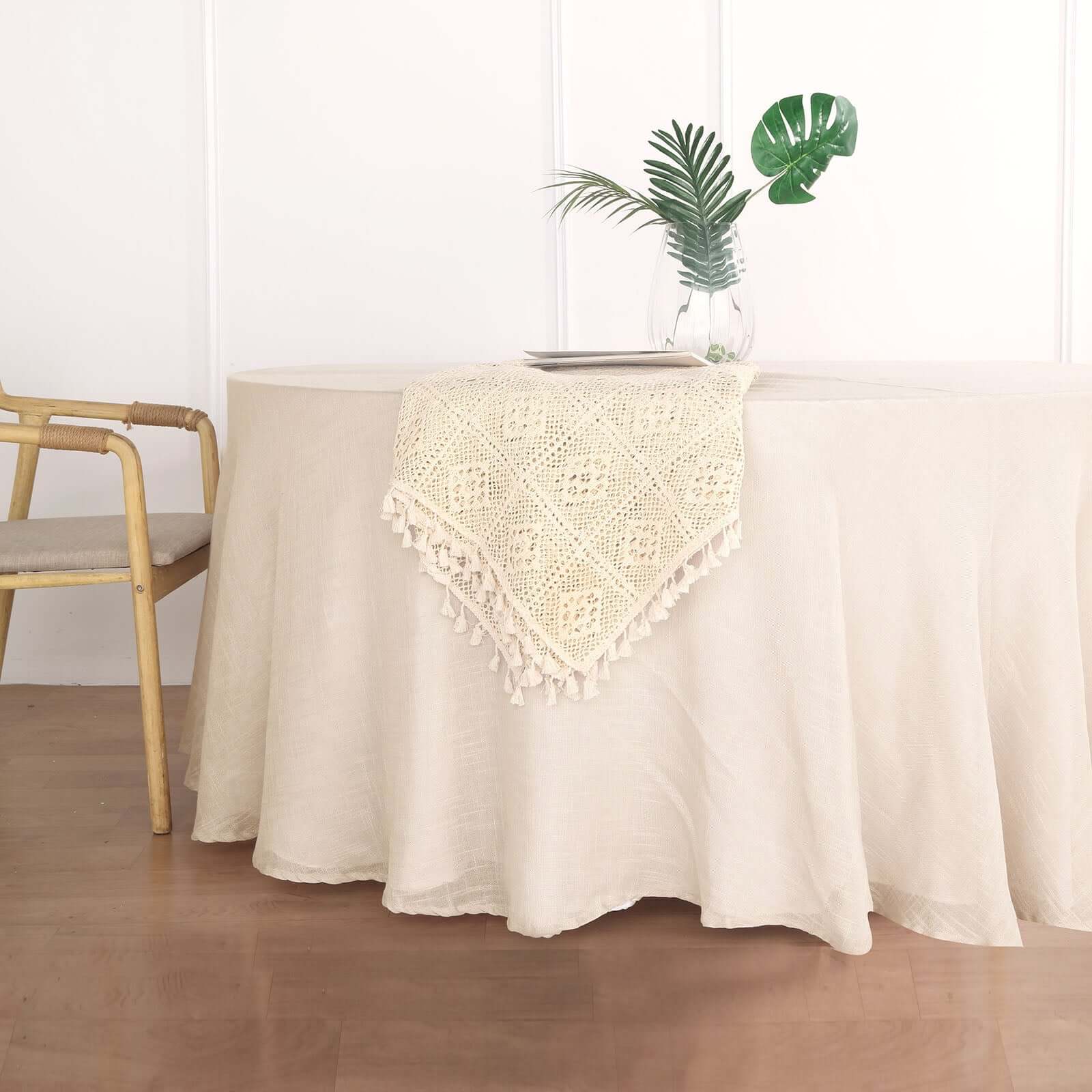 Faux Linen 120" Round Tablecloth Beige - Slubby Texture Wrinkle-Resistant Seamless Table Cover