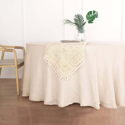 Faux Linen 120" Round Tablecloth Beige - Slubby Texture Wrinkle-Resistant Seamless Table Cover