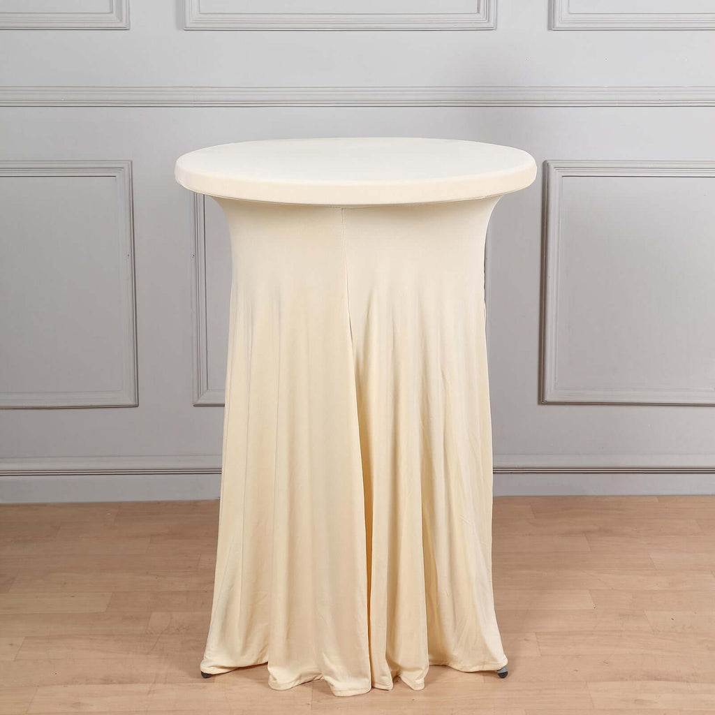 Spandex 30" Round Cocktail Table Cover Skirt Beige With Natural Wavy Drapes