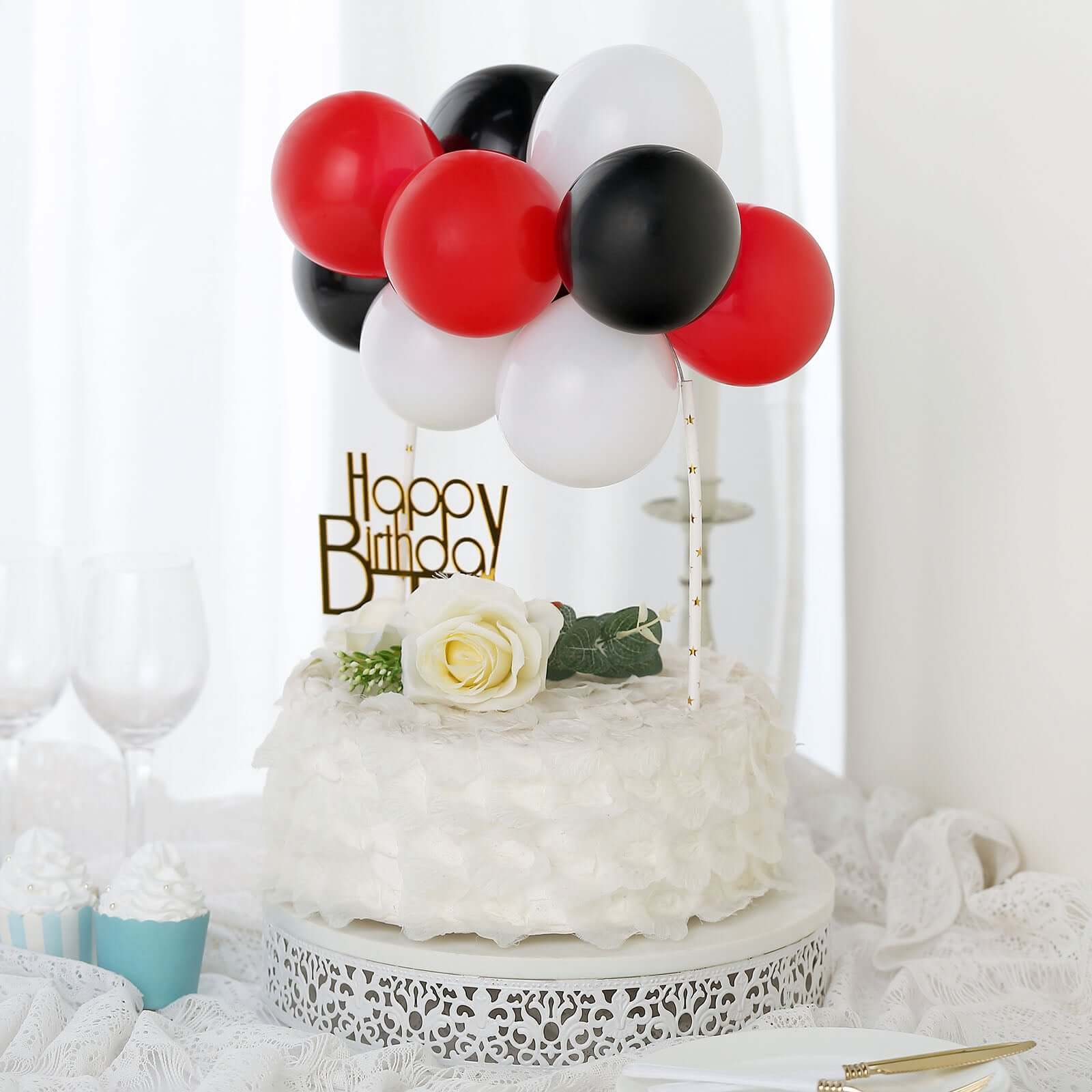 11 Pcs Balloon Cake Topper Black, Red and White - Whimsical Clustered Mini Garland Cake Inserts DIY Party Decorations