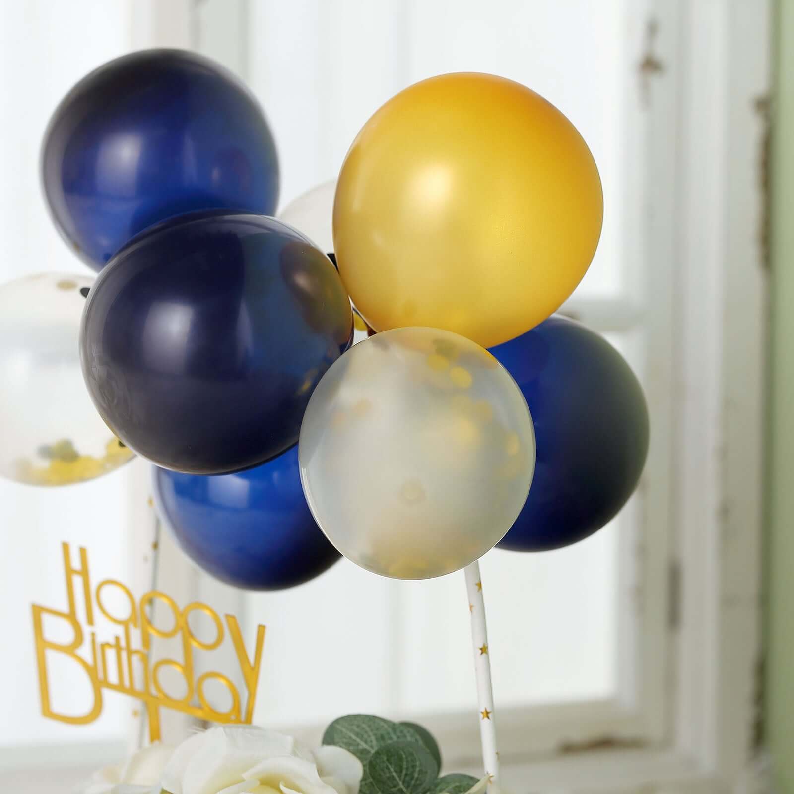 11 Pcs Balloon Cake Topper Clear, Gold and Navy Blue - Whimsical Clustered Mini Garland Cake Inserts DIY Party Decorations