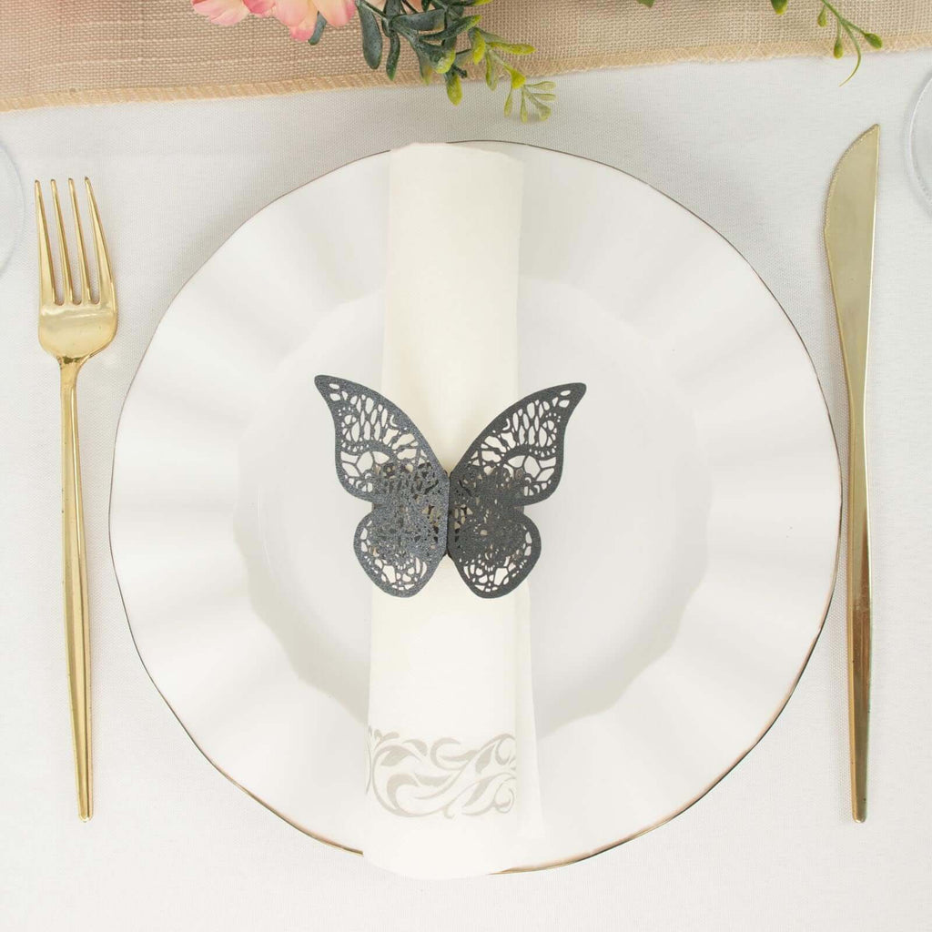 12-Pack Paper Napkin Rings Laser Cut Butterfly Black Shimmery - Decorative Serviette Holders for Events