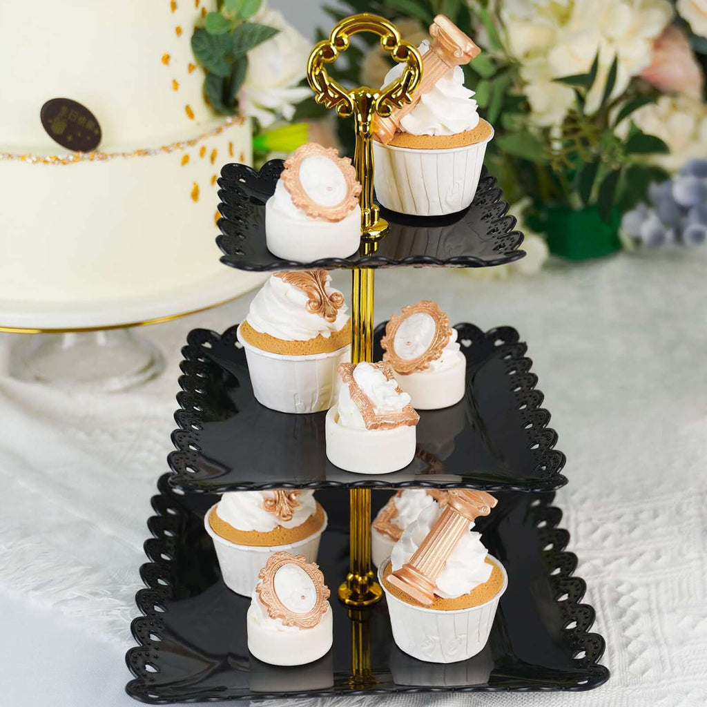 3-Tier Plastic Square Cupcake Stand Tower Black - Charming Disposable Dessert Display Serving Tray Platter with Heart Wavy Edge & Gold Top Handle for Tea Parties Weddings & Special Occasions 13"