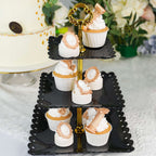 3-Tier Plastic Square Cupcake Stand Tower Black - Charming Disposable Dessert Display Serving Tray Platter with Heart Wavy Edge & Gold Top Handle for Tea Parties Weddings & Special Occasions 13"