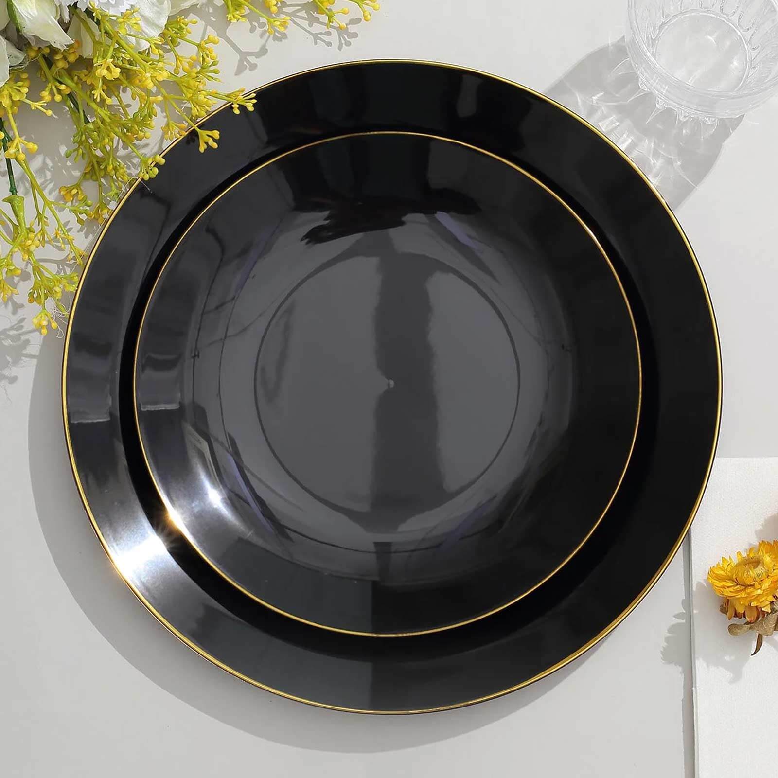 10-Pack Plastic 8" Round Dessert Plates in Black with Gold Rim - Glossy Disposable Appetizer Salad Plates