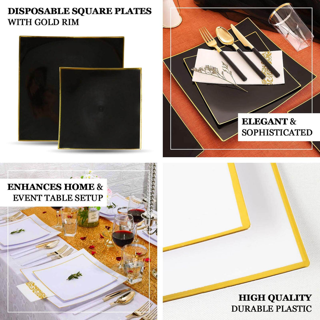 10-Pack Plastic 10" Square Dinner Plates in White Concave Style with Gold Rim - Modern Disposable Party Plates for Weddings & Special Events