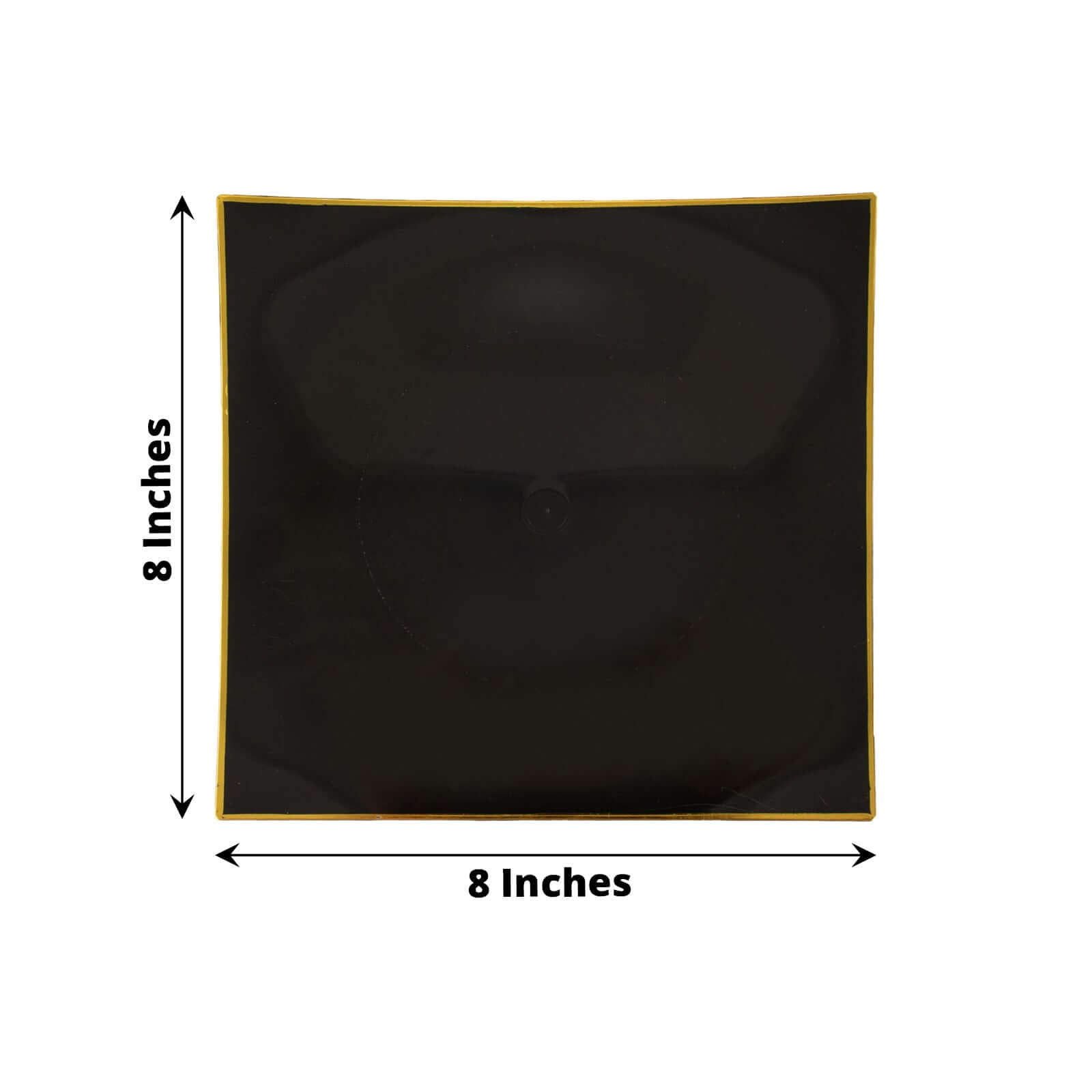 10-Pack Plastic 8" Square Dessert Plates in Black Concave Style with Gold Rim - Modern Disposable Salad Appetizer Party Plates
