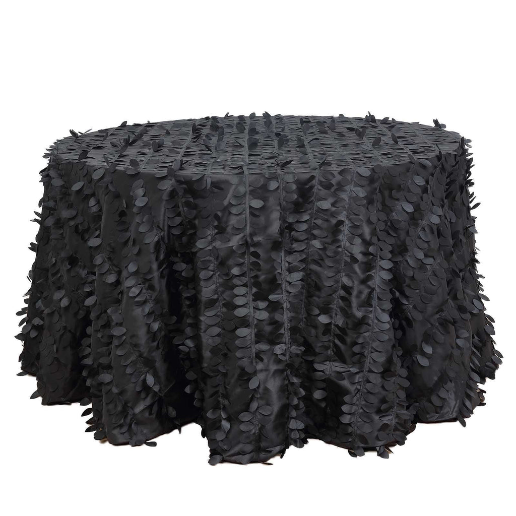 Taffeta 120" Round Tablecloth Black | 3D Leaf Petal Design Seamless Table Cover