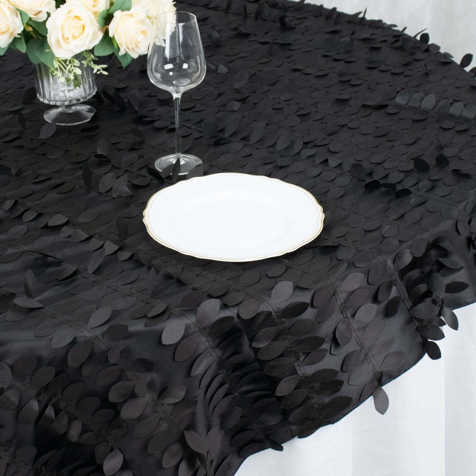 Taffeta 72"x72" Table Overlay Square Tablecloth Black - 3D Leaf Petal Table Cover