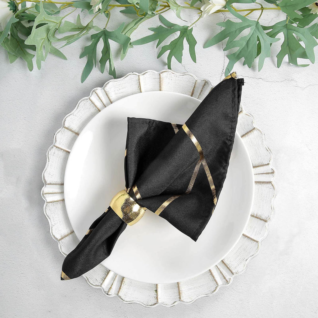 5 Pack Polyester 20"x20" Napkins Black with Gold Geometric Foil Pattern - Modern Reusable Dinner Napkins