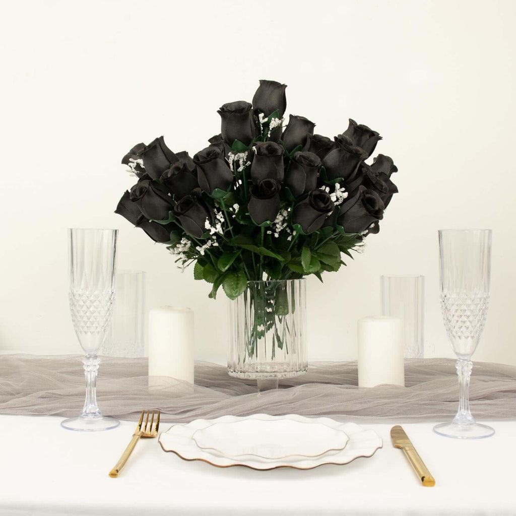 12 Bushes Black Artificial Premium Silk Flower Rose Bud Bouquets