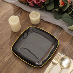 10-Pack Plastic 7" Square Dessert Plates in Black with Gold Rim - Classy Disposable Appetizer Salad Plates