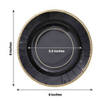 25-Pack Paper 8" Round Dessert Plates in Black Sunray Design with Gold Rim - Disposable Heavy Duty 350GSM Appetizer Salad Plates
