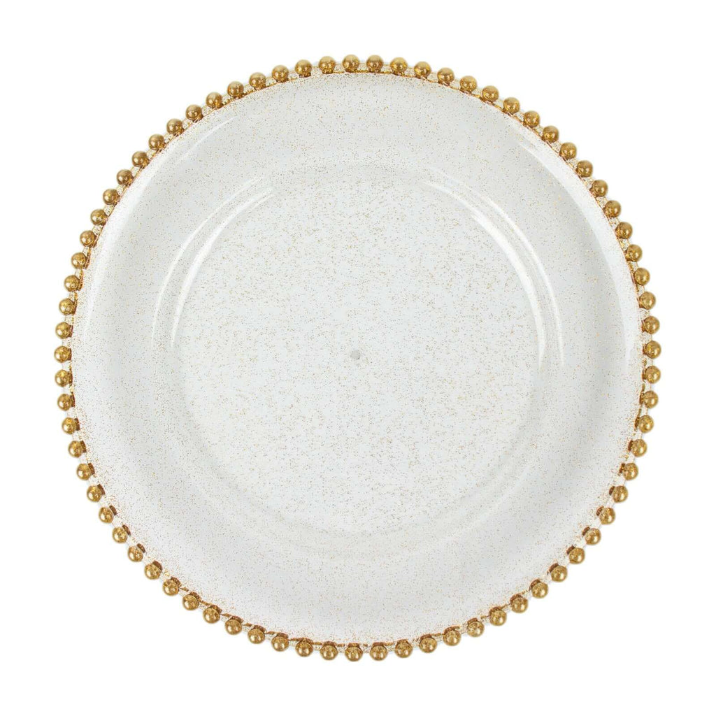 6-Pack Acrylic Round Charger Plates 13" in Clear Gold Glittered with Beaded Rim, Decorative Dinner Party Serving Plates