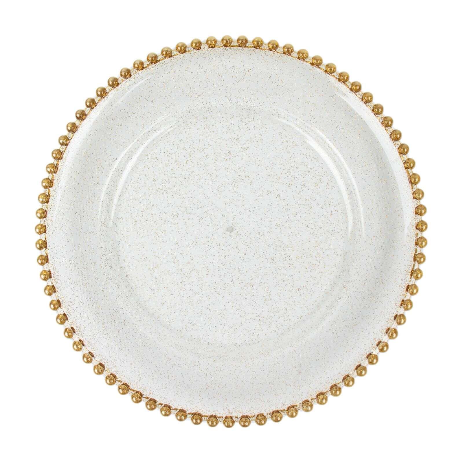 6-Pack Acrylic Round Charger Plates 13" in Clear Gold Glittered with Beaded Rim, Decorative Dinner Party Serving Plates