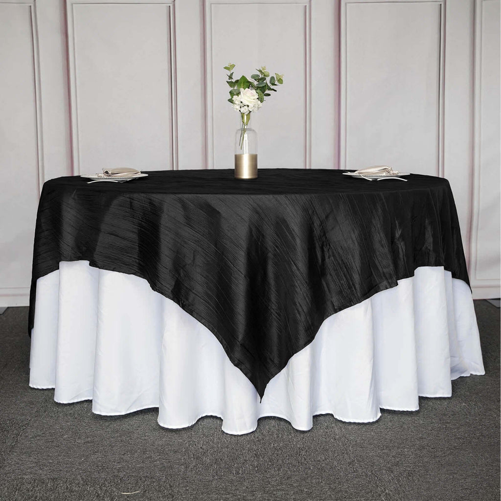 Taffeta 90"x90" Table Overlay Square Tablecloth Black - Accordion Crinkle Table Cover