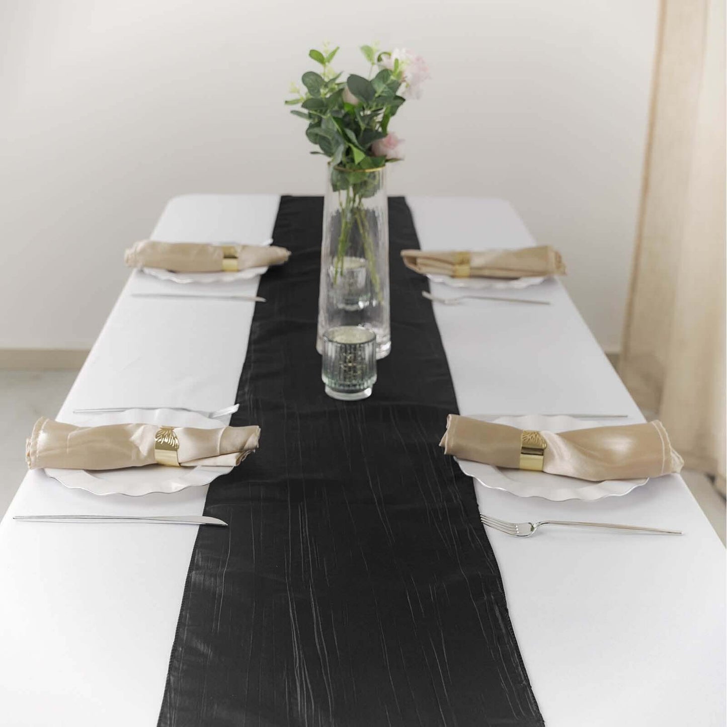 Taffeta 12"x108" Table Runner Black - Accordion Crinkle Design