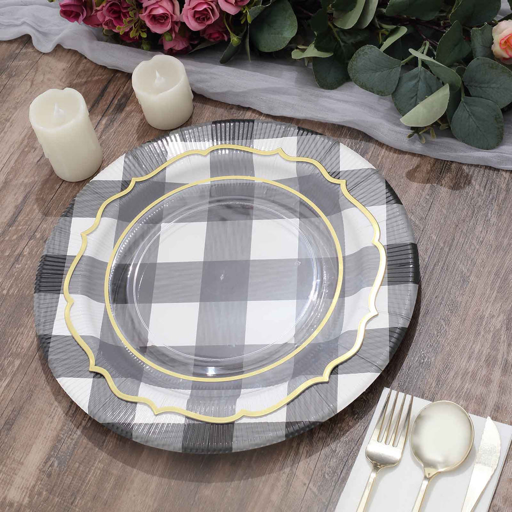 10-Pack Disposable Paper Charger Plates â€“ Black/White Buffalo Plaid 13" Round Table Chargers, 350 GSM Cardstock
