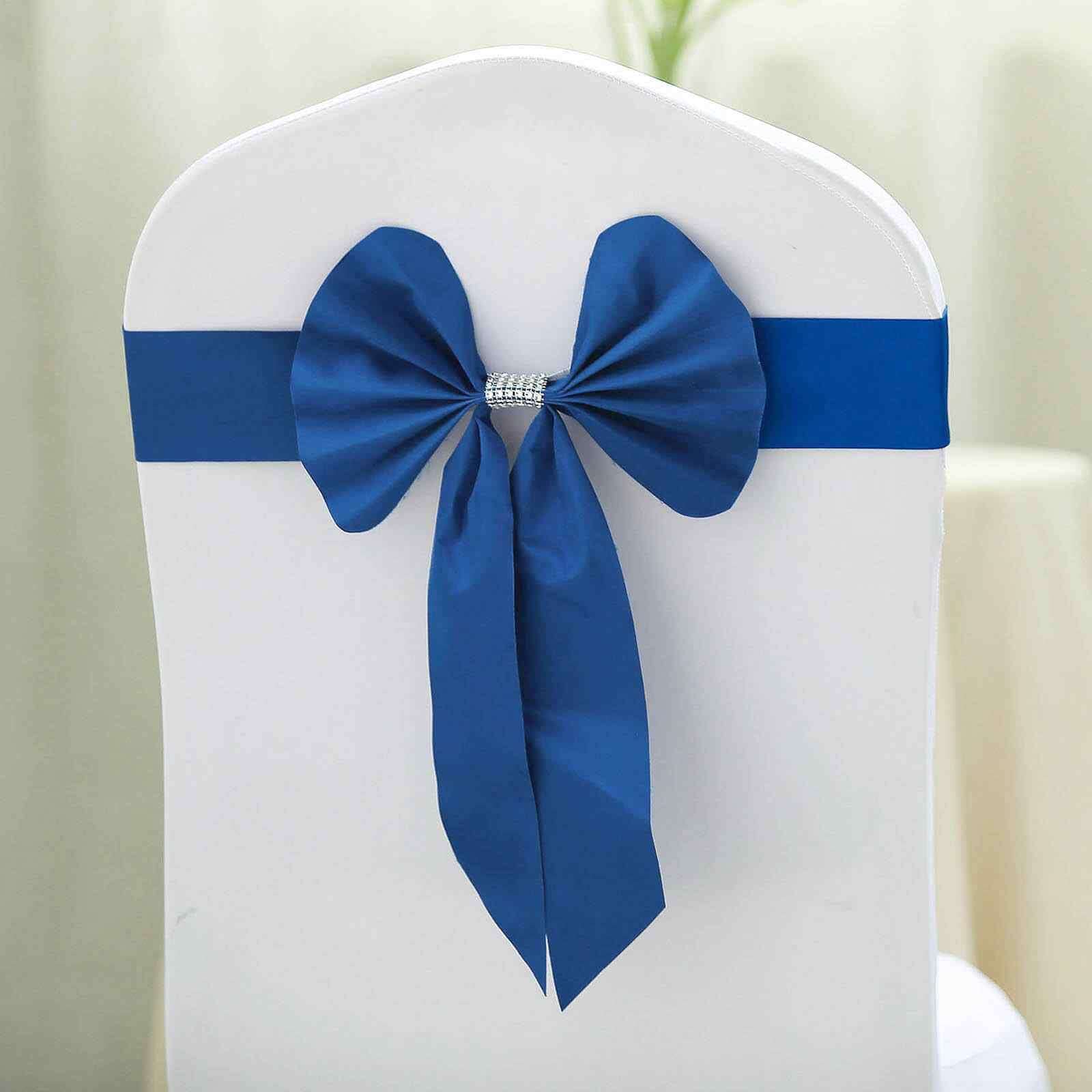 5 Pack Satin Faux Leather Chair Sashes Royal Blue - Durable Double Sided Pre-tied Bow Tie Chair Bands with Diamond Rhinestone Buckles