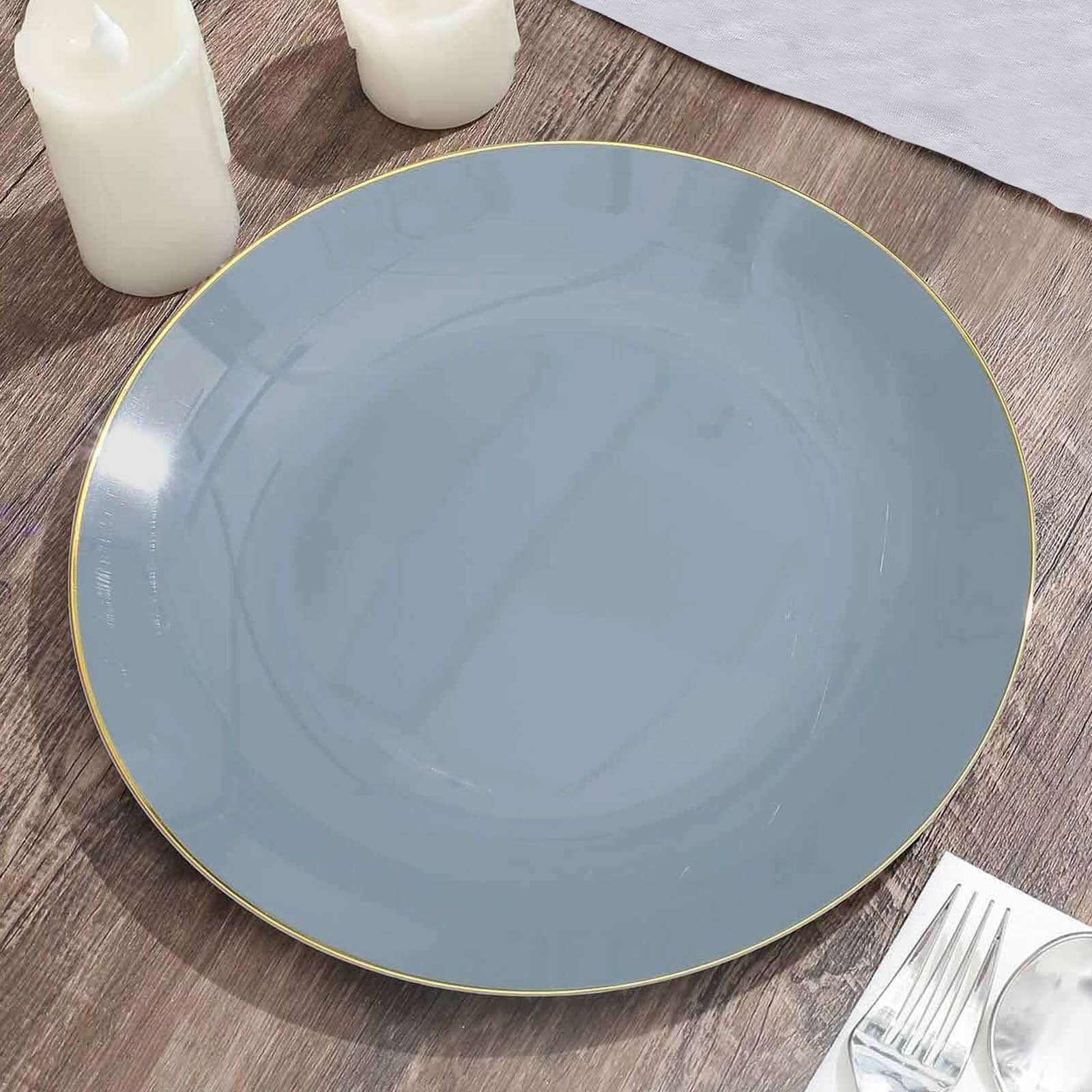 10-Pack Plastic 10" Round Dinner Plates in Dusty Blue with Gold Rim - Glossy Disposable Party Plates