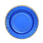 25-Pack Paper 8" Round Dessert Plates in Royal Blue Sunray Design with Gold Rim - Disposable Heavy Duty 350GSM Appetizer Salad Plates