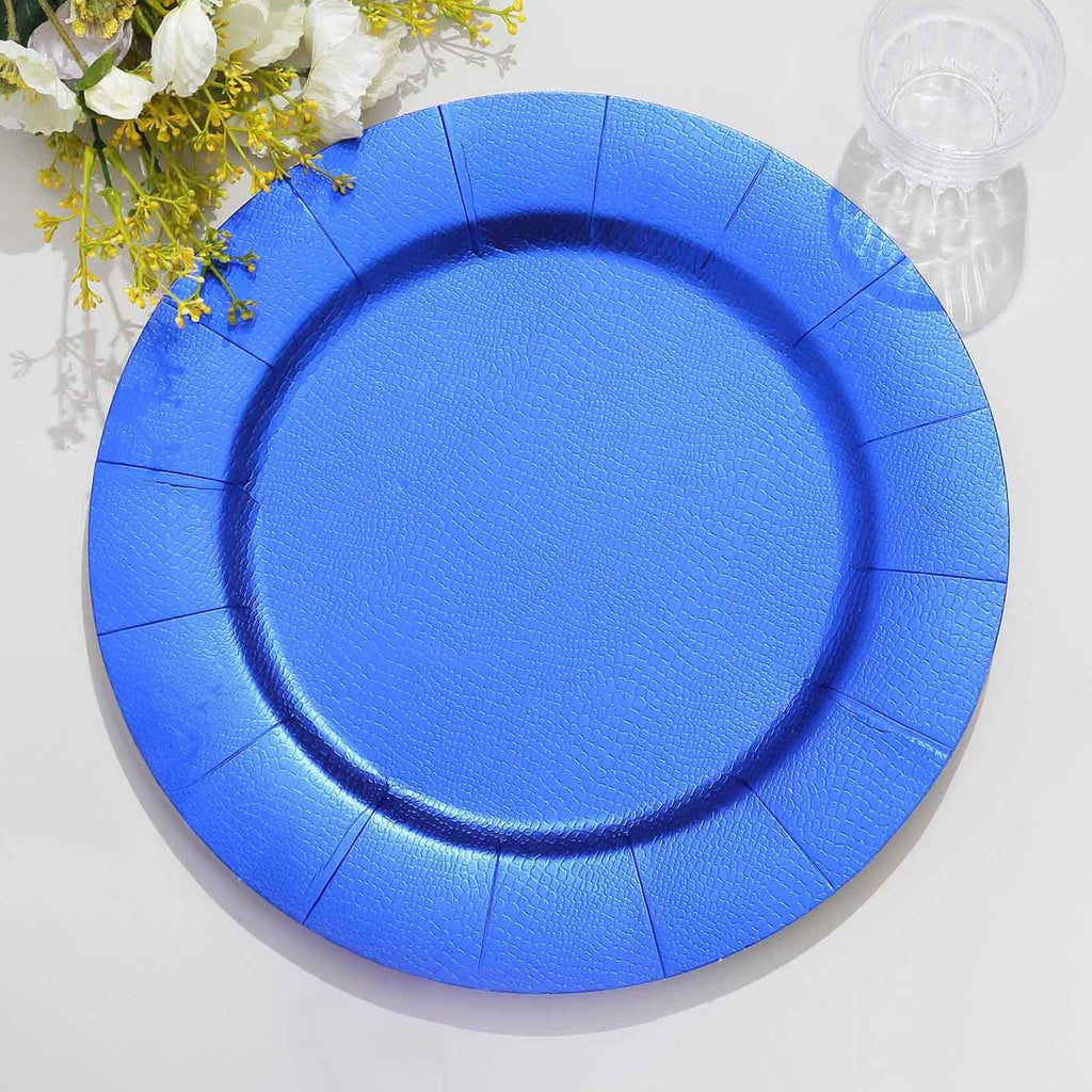 10-Pack Disposable Round Charger Plates in Royal Blue with Leathery Texture - Durable 1100GSM Cardboard Placemats 13"