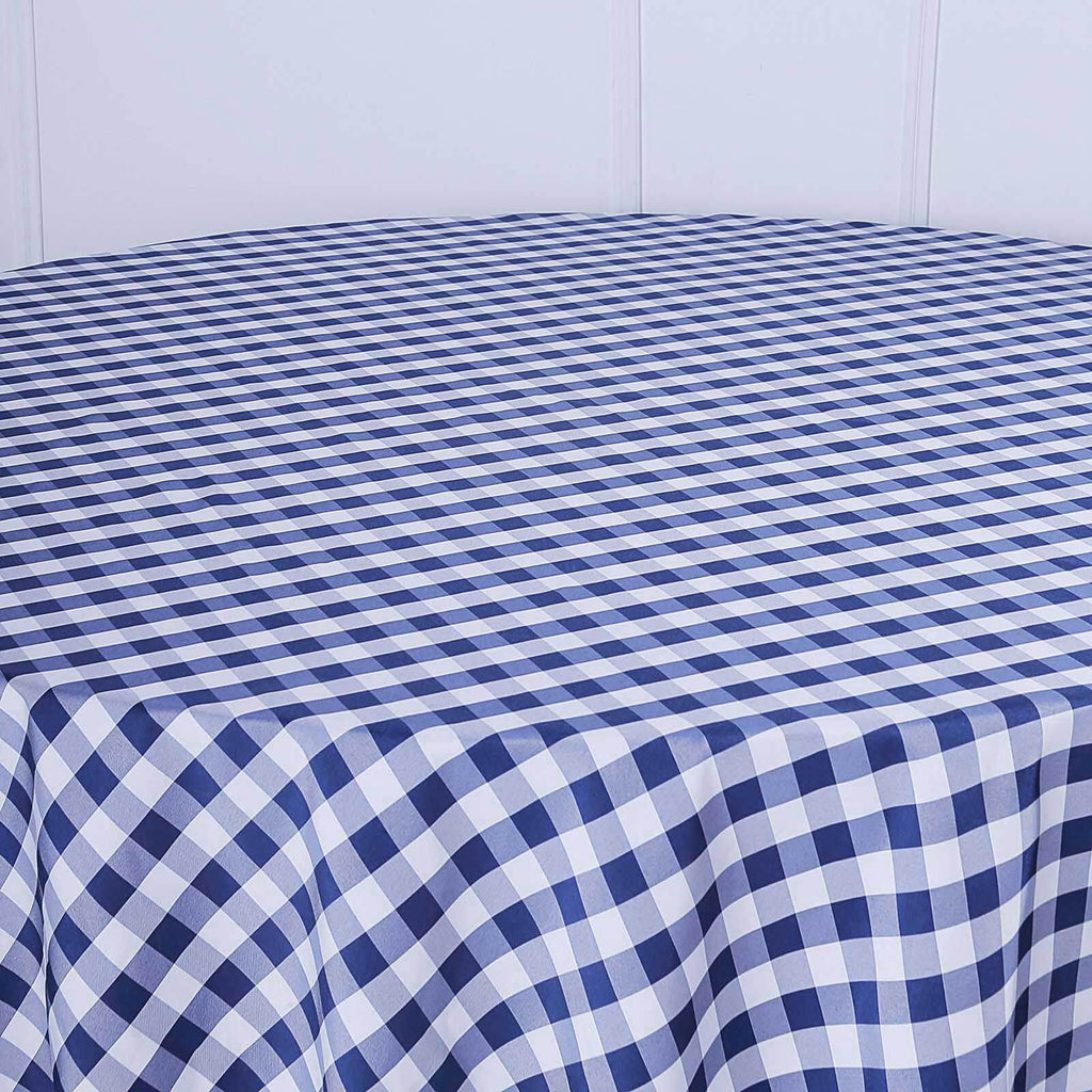 Polyester 108" Round Tablecloth White/Navy Blue - Checkered Buffalo Plaid Table Cover
