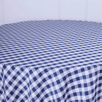 Polyester 108" Round Tablecloth White/Navy Blue - Checkered Buffalo Plaid Table Cover