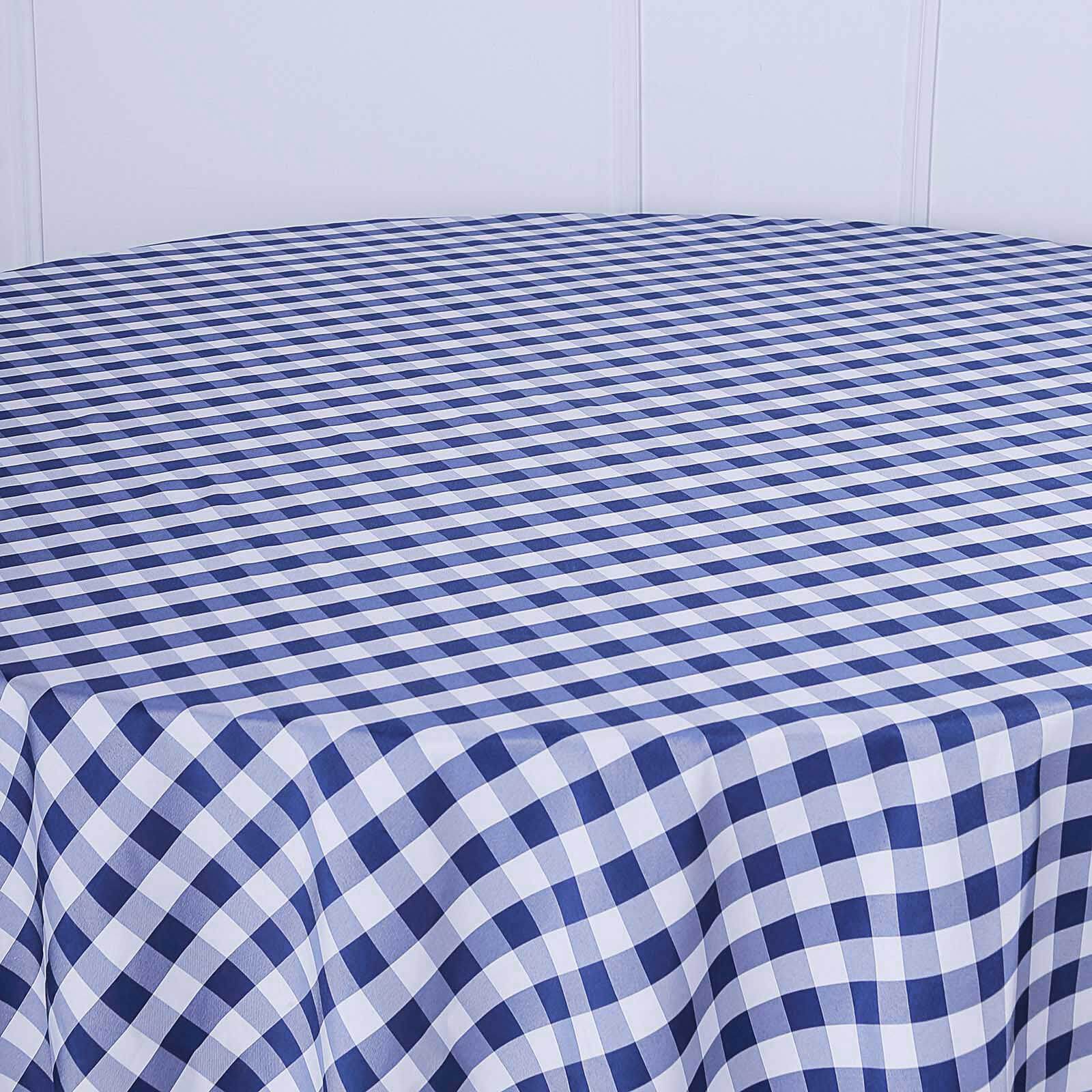 Polyester 108" Round Tablecloth White/Navy Blue - Checkered Buffalo Plaid Table Cover