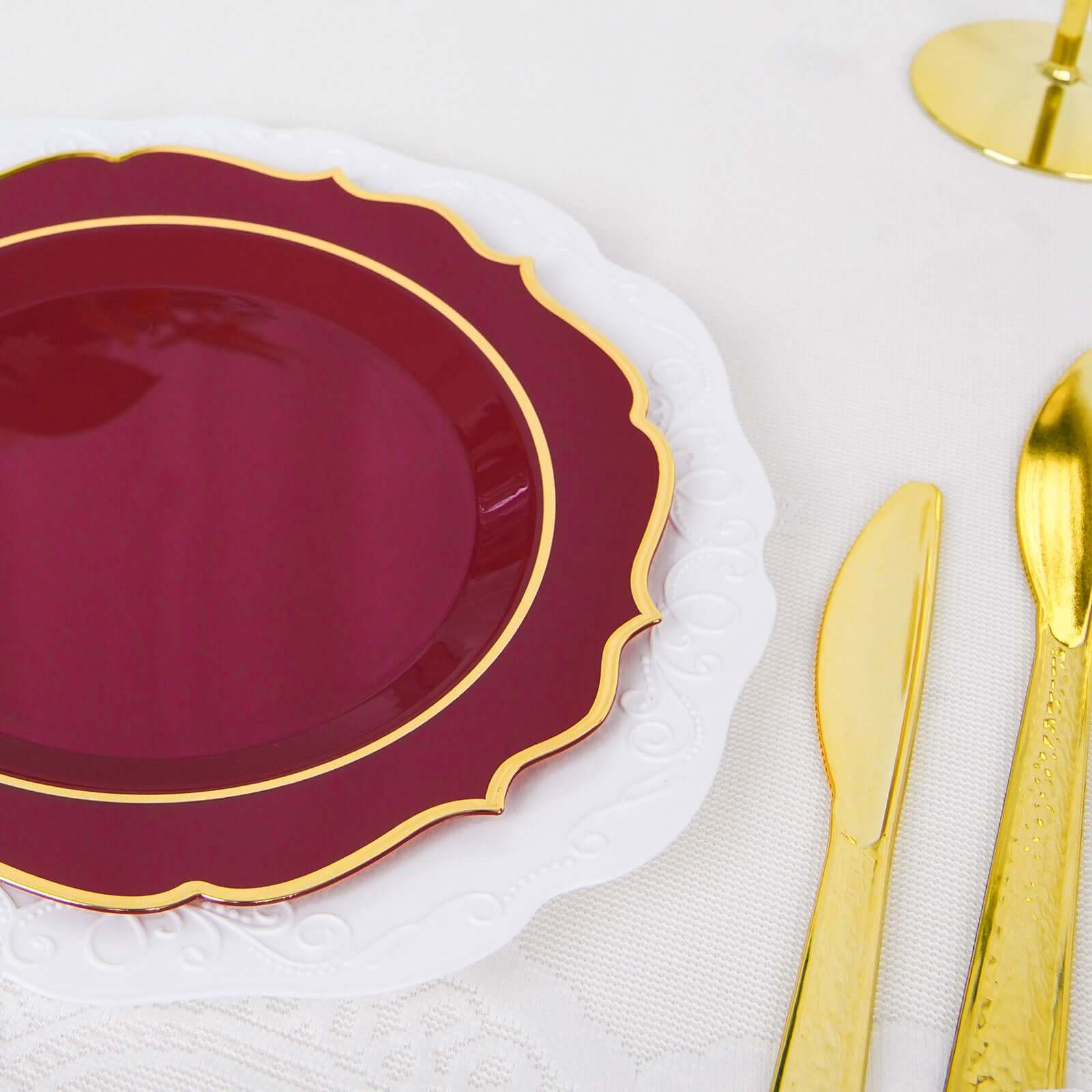 10-Pack Plastic 8" Round Dessert Plates in Burgundy with Gold Scalloped Rim - Disposable Appetizer/Salad Plates