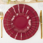 10-Pack Plastic Round 6" Dessert Plates in Burgundy Ruffled Rim with Gold Edging - Sturdy Disposable Salad Appetizer Dinnerware
