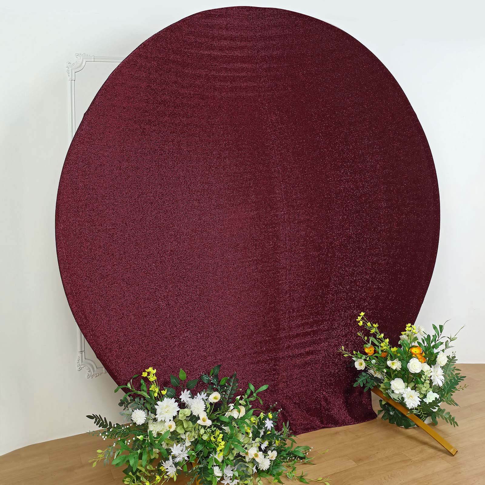 7.5ft Burgundy Metallic Shimmer Tinsel Spandex Round Wedding Arch Cover, 2-Sided Photo Backdrop