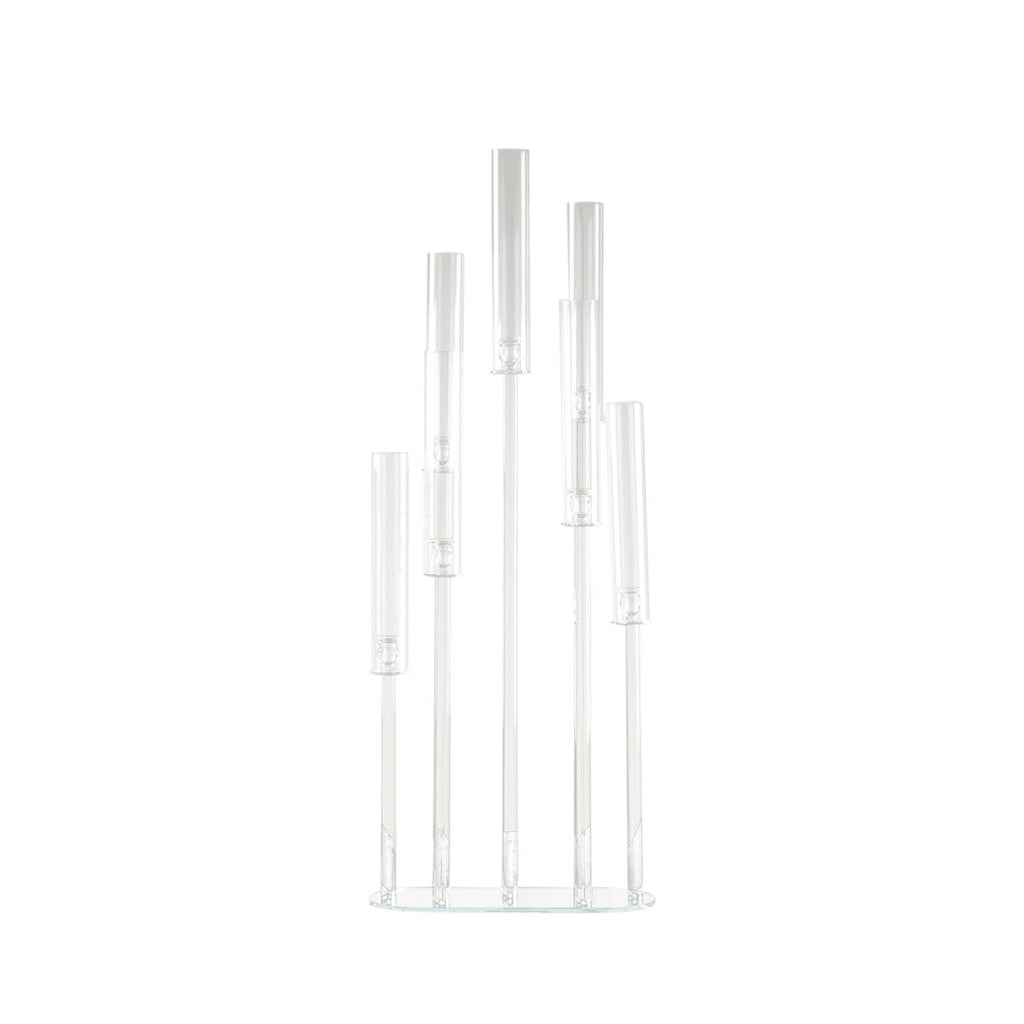 7-Arm Clear Crystal Cluster Candelabra with Hurricane Shades - Stylish Wedding Aisle Table Centerpiece 47"