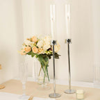 2-Pack Silver Metal Taper Candlestick Holders, Clear Glass Hurricane Candle Stands With Chimney Candle Shades 24"