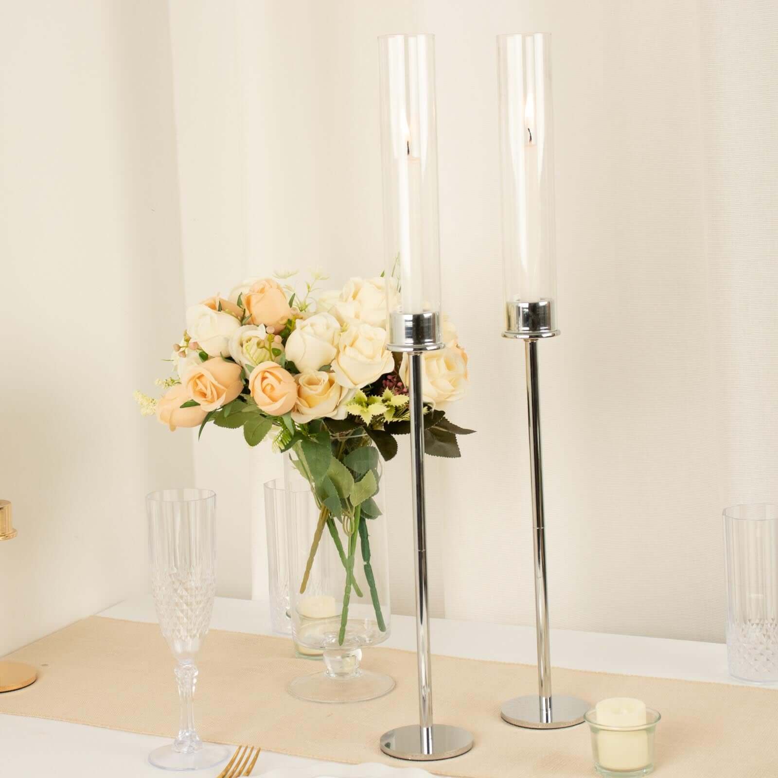 2-Pack Silver Metal Taper Candlestick Holders, Clear Glass Hurricane Candle Stands With Chimney Candle Shades 24"