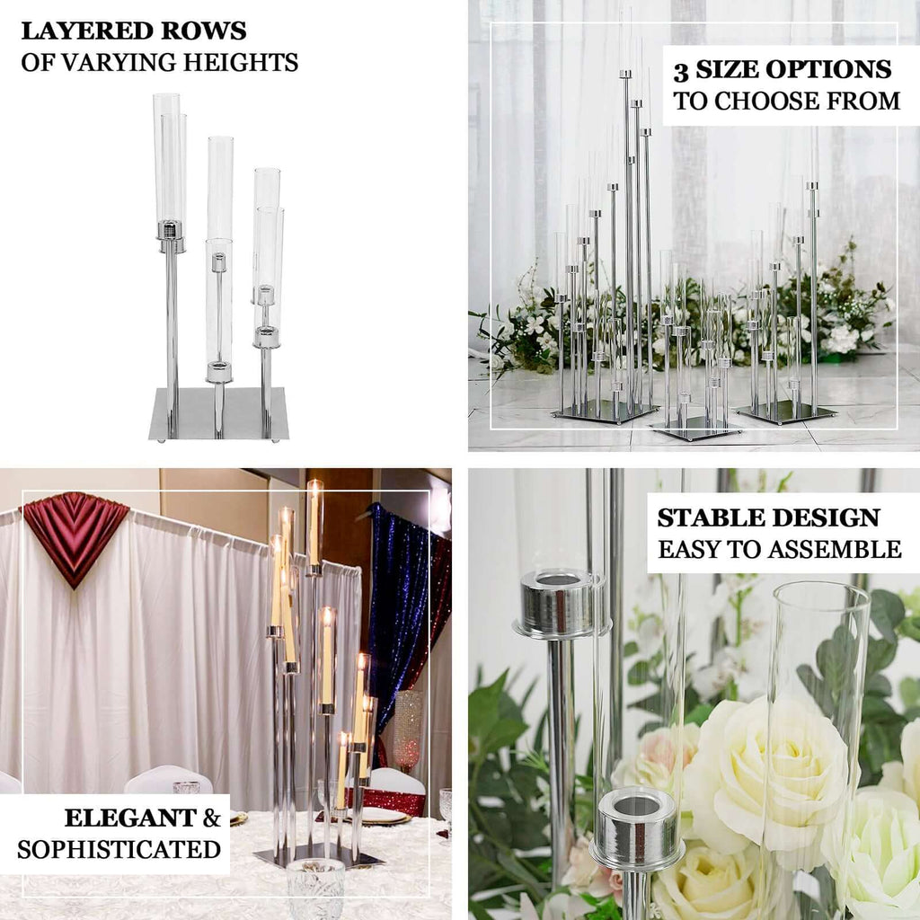 8 Arm Cluster Taper Candle Holder Silver - Stunning Large Candle Arrangement With Clear Glass Shades for Grand Banquets & Celebrations 42"