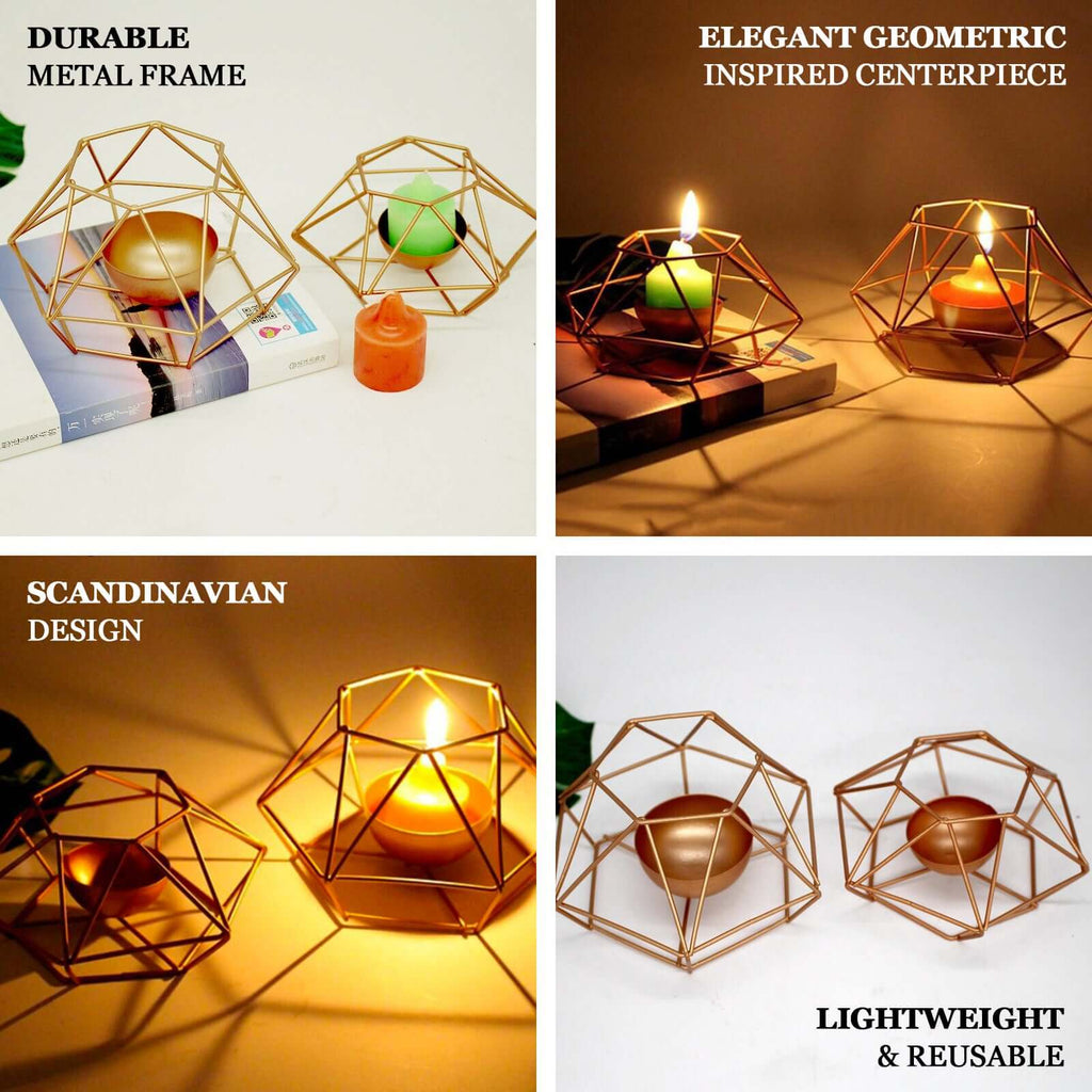 Set of 2 Candle Holders Metal Hexagon Geometric Design Gold - Modern Decorative Centerpieces for Tables 4"x3"